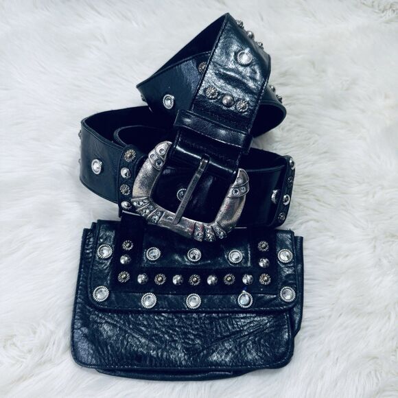 Vintage Mikki G Black Leather Jeweled Belt Bag Detachable XL 36-40 Waist USA main image 13